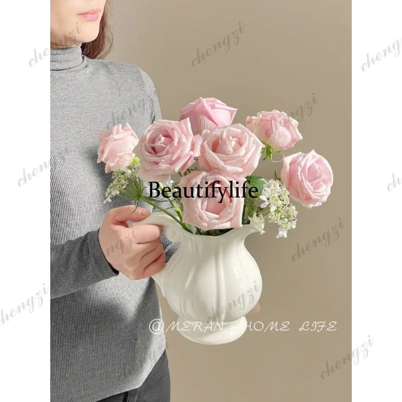 French Cream Air Milk Pot Ceramic Vase Ornament Living Room Flower Arrangement, Flower Premium, Vase