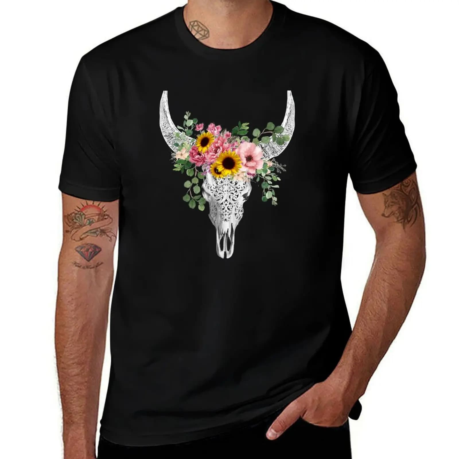 Watercolor Skull and Crown pink yellow rose and sunflowers T-Shirt Minimalist Plain Crew Neck T-Shirt