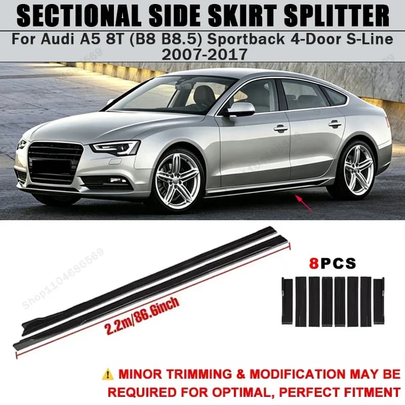 For Audi A5 8T B8 B8.5 Sportback 4-Door S-Line 2007-2017 Side Skirts Extension Rocker Panel Splitter 86.6" ABS Plastic Body Kit