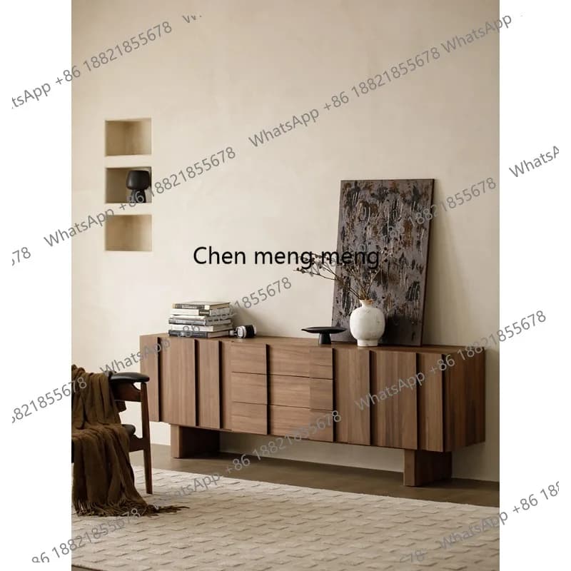 Medieval solid wood veneer TV cabinet Walnut veneer simple living room high floor cabinet