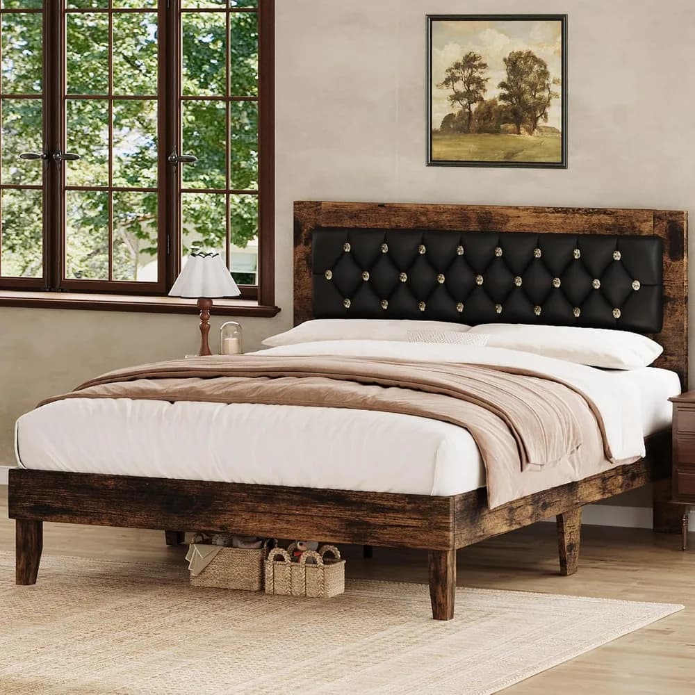 Wood Full Size Bed Frame with Upholstered Headboard, Wooden Platform Bed Frame with Diamond Design, Vintage Style, Customized