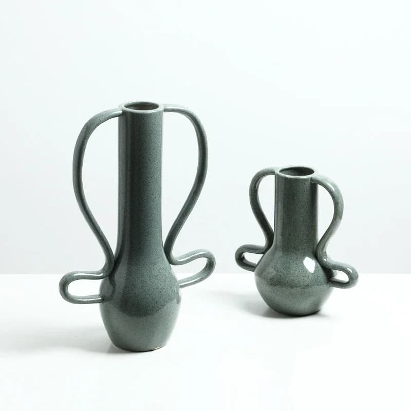 Creative Curved Handle Flower Vase Handmade Ceramic Pot Flower Arrangement Ornament Flowerpot Home Decoration Accessories