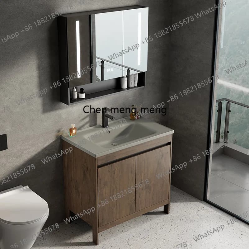 Bathroom Cabinet Integrated Ceramic Space Aluminum Walnut Wash Basin Combination Bathroom Cross-border storage Washbasin Pool