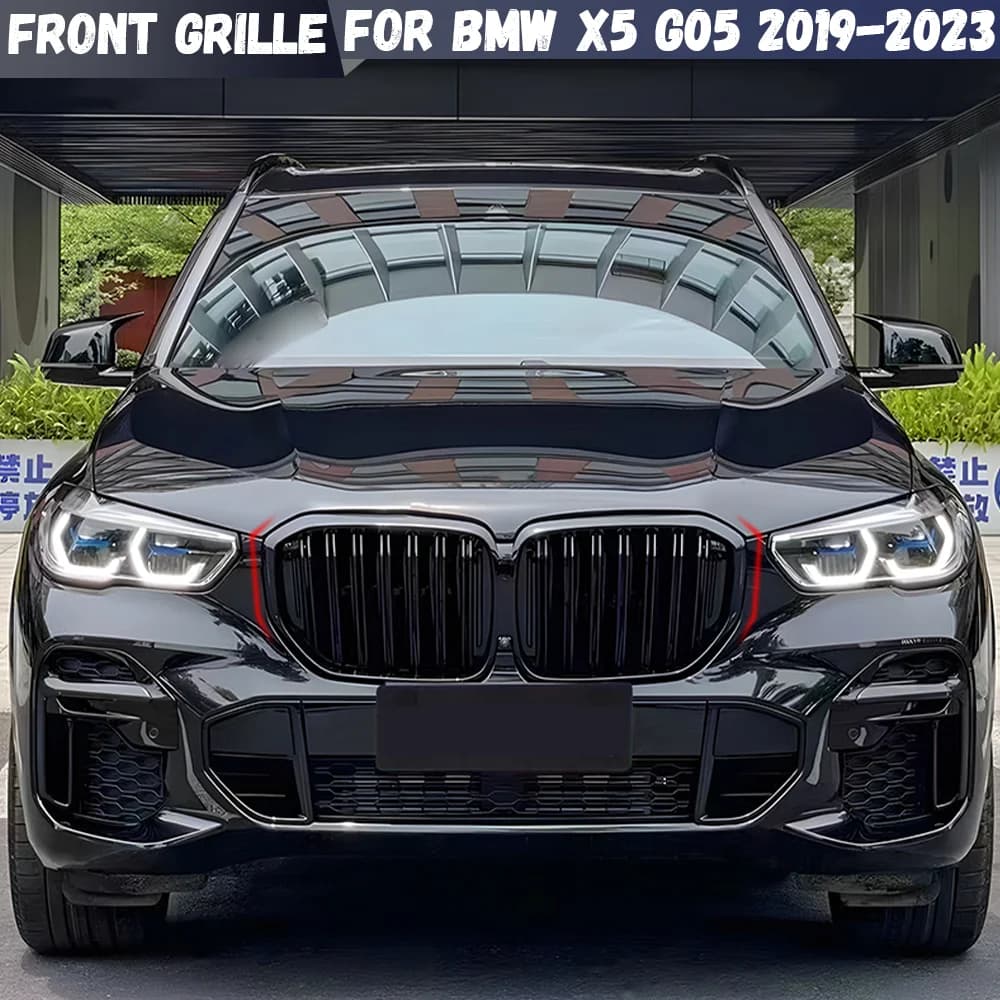 Glossy Black Front Bumper Grilles Double Line Kidney Racing Grill For BMW X5 G05 2019 2020 2021 2022 2023 Car Styling