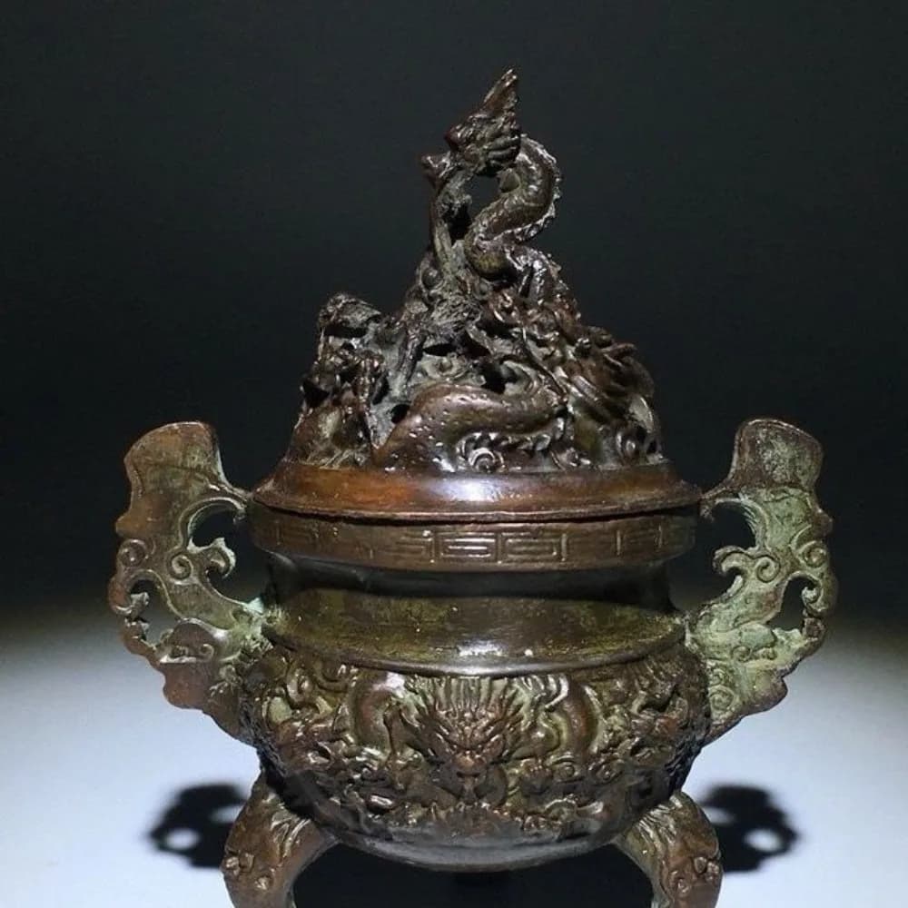 Antique Style Nine Dragon Brass Incense Burner Censer Vintage Collectible Classic Chinese Fengshui Sculpture Home Table Decor