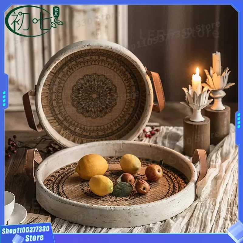 Retro Japanese Style Solid Wood Round Tray Bohemian Home Decor Snack Plate for Dim Sum Household Storage Ornament Display