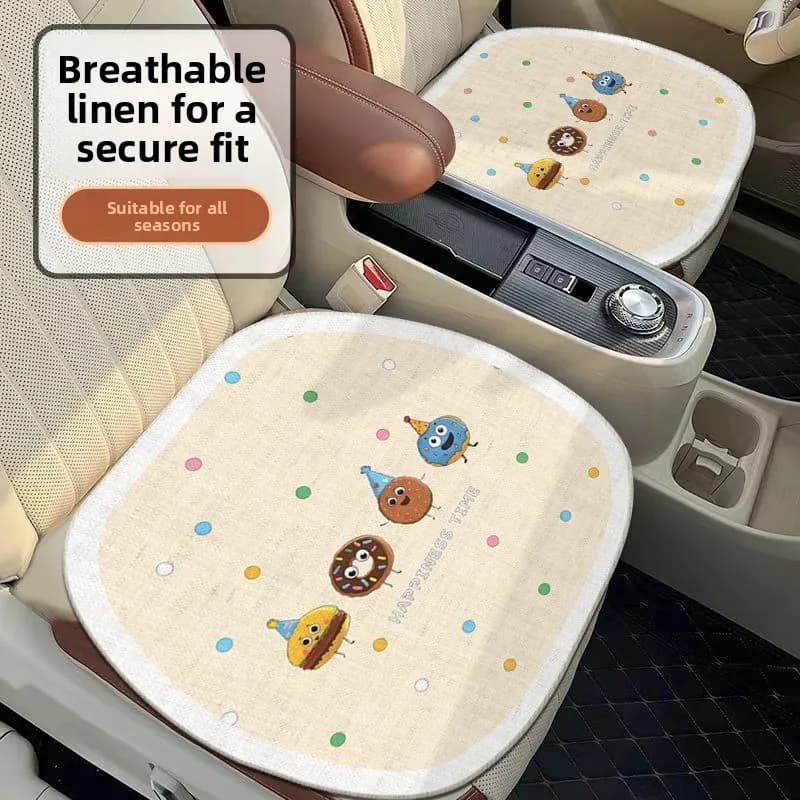 Linen Car Seat Covers Universal 4 Seasons Cute Cartoon Breathable Durable Driver Seat Accessories