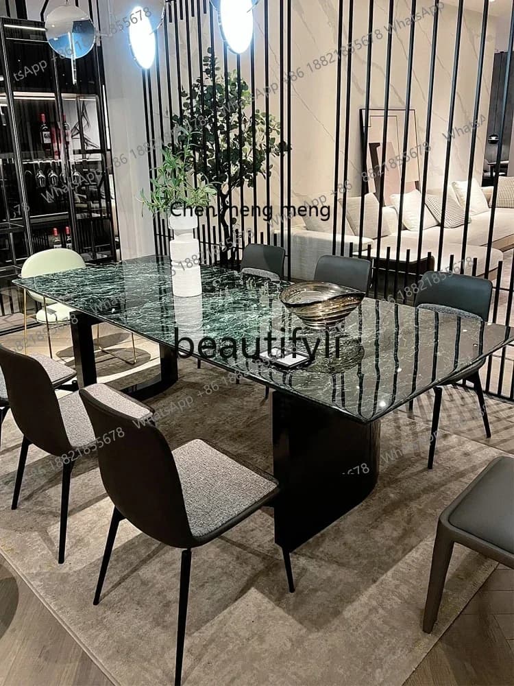 178A Light luxury minimalist large flower green natural luxury stone rectangular dining table high-end villa custom simple home