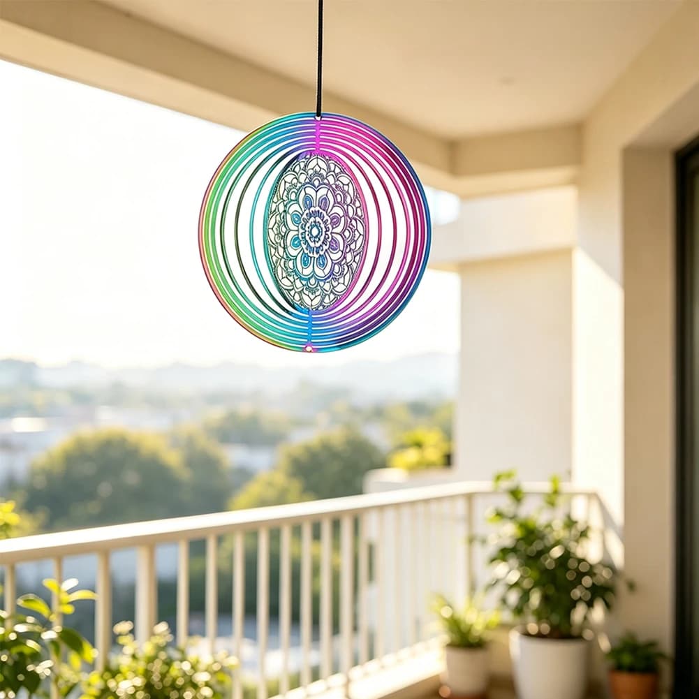 E9 Spiritual Mandala Wind Spinner Suncatcher Rainbow Circle Flowing-Light Effect Kinetic Wind Sculpture Meditation Hanging Decor