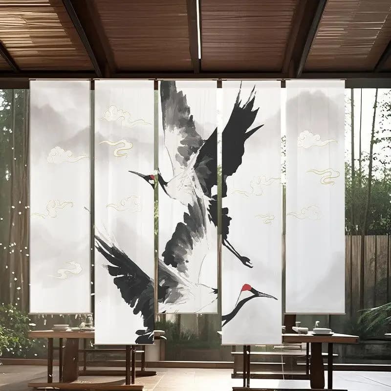 Vintage Asian Calligraphy Gauze Panel | Hanging Partition for Meditation & Yoga Studio | Soft Light Diffusing Privacy Screen