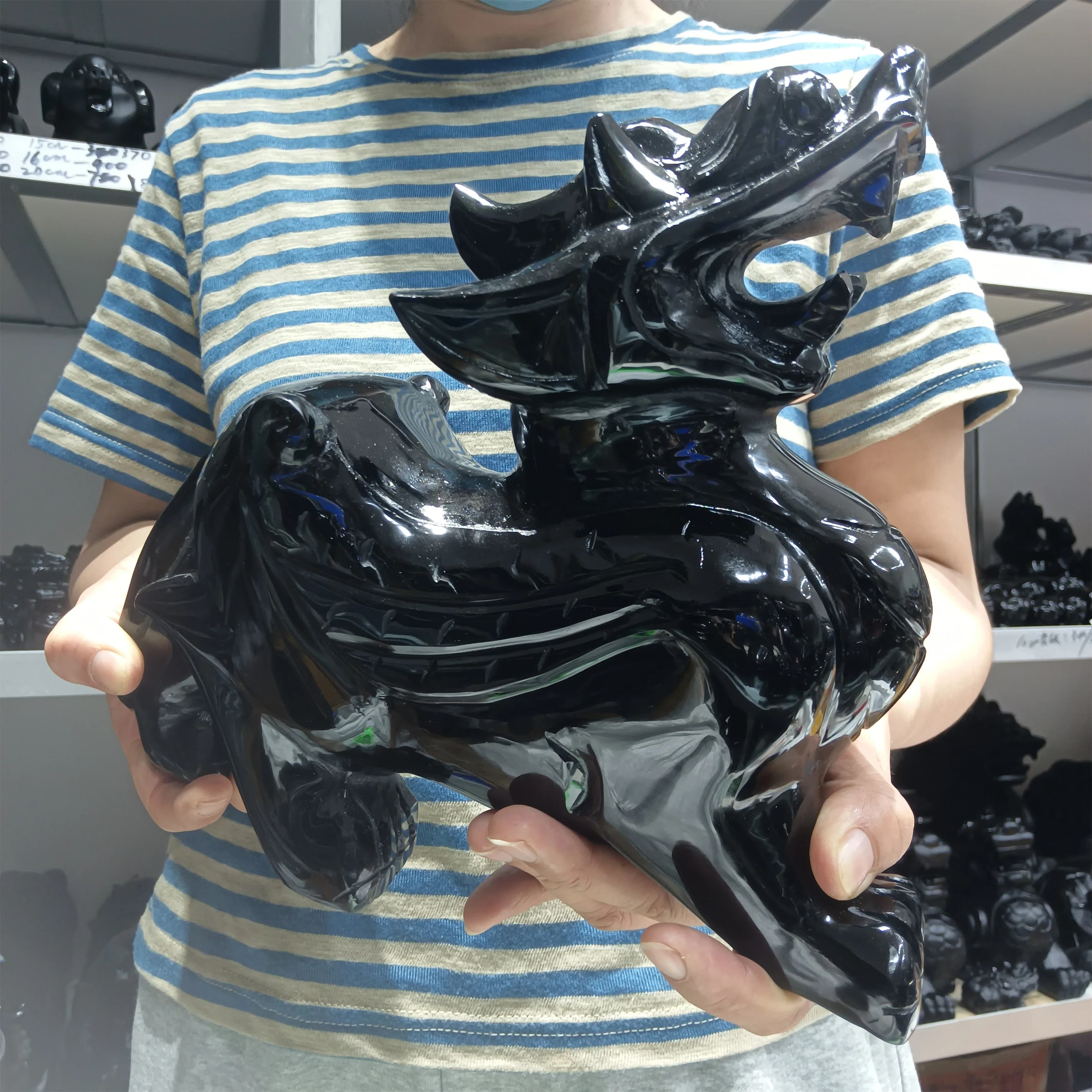 Natural Obsidian Stone Sculpture Pi Xiu Quartz Crystal Mineral Gods Beast Qilin Zhaocai Office Desktop Degaussing Decoration