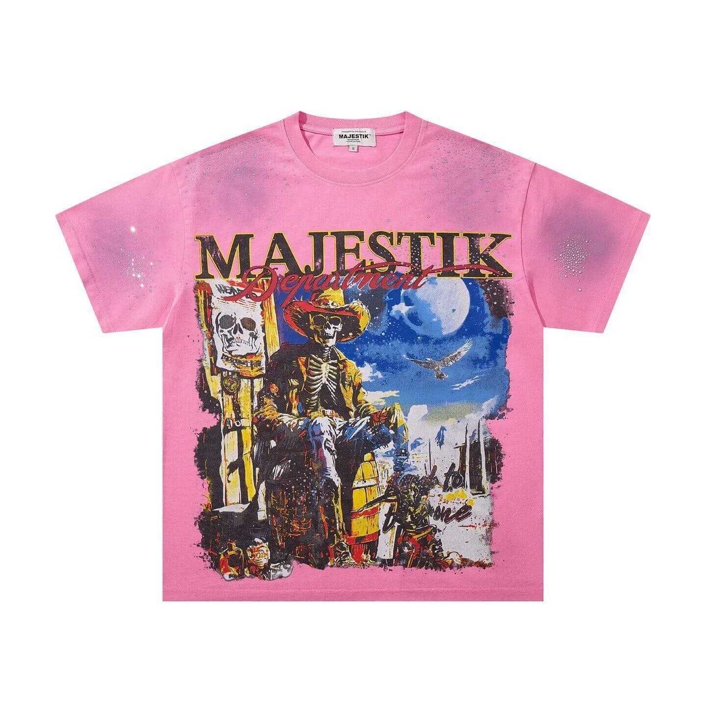 MAJESTIK Skull Print Short-Sleeve T-Shirt - Men's and Women's Pink Beaded Rock Loose Casual Top - Summer