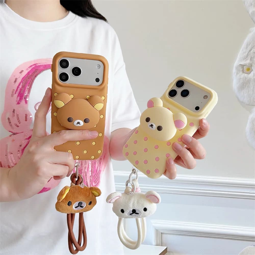 INS Polka Dot Phone Case with Stand 3D Cartoon Rilakkuma Cover for iPhone 17 Pro 16 15 14 13 16 Plus 15 Pro Max Cover With Charm
