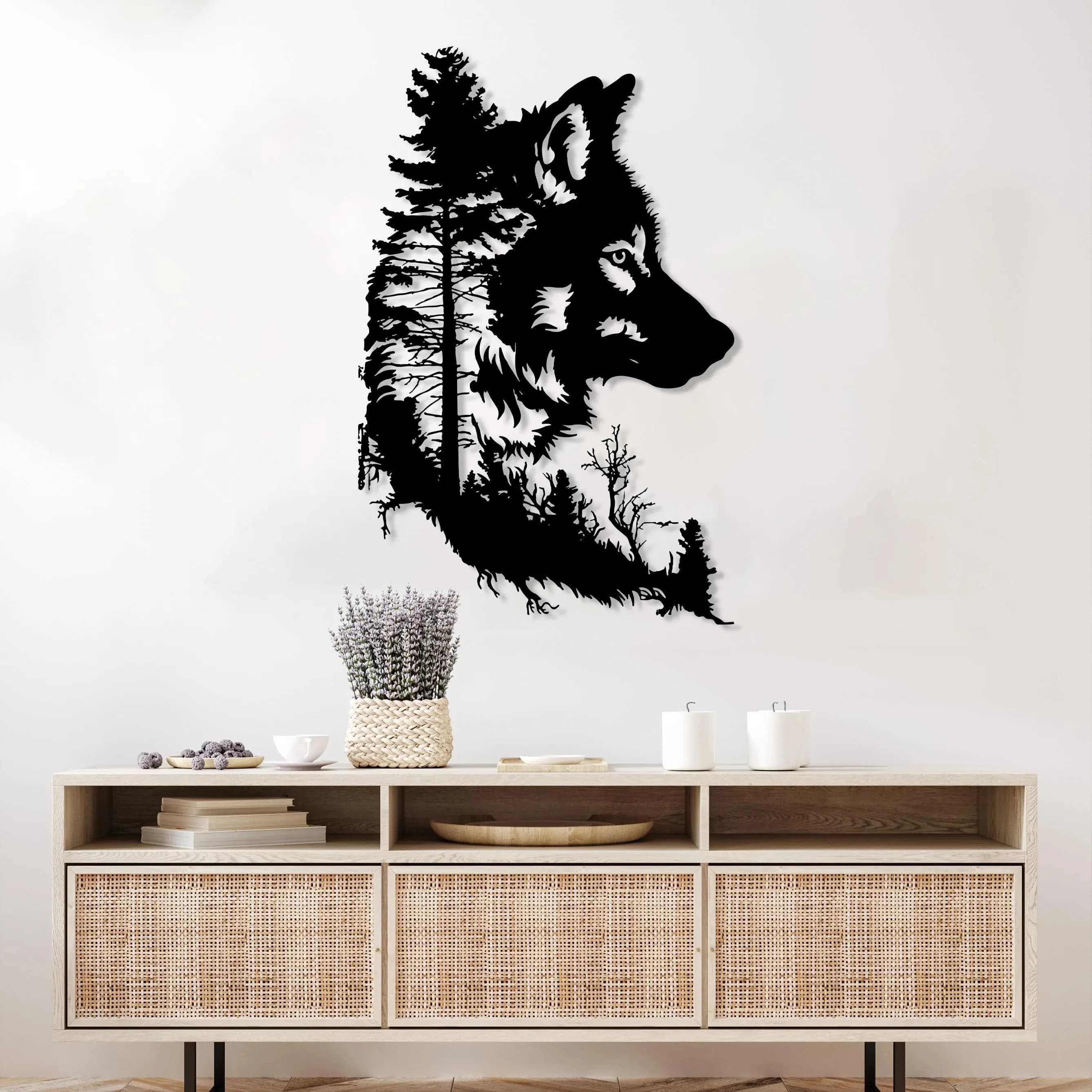 Abstract Tree Wolf Head Metal Wall Art, Rustic Home Decor, Farmhouse Gift, Metal Livingroom Decor, Wolf Decor Gift