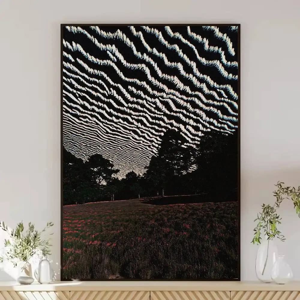 Surreal Wavy Sky Landscape Poster, Trippy Distorted Cloud Field Scenery Wall Art, Psychedelic Nature Print Wall Decor