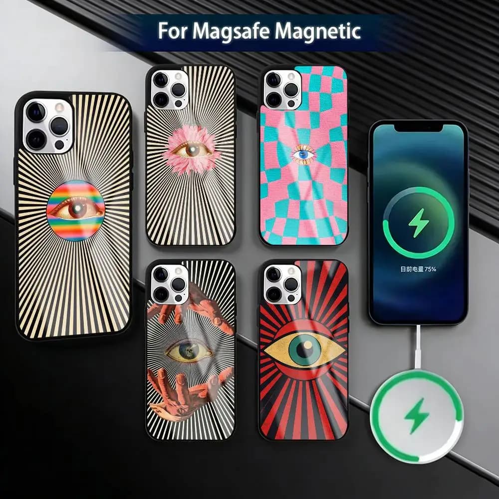 Big Eyes Trendy Print Lines Phone Case For iPhone17,16,15,14,13,12,11 Plus,Pro Magnetic For Magsafe Wireless Charging