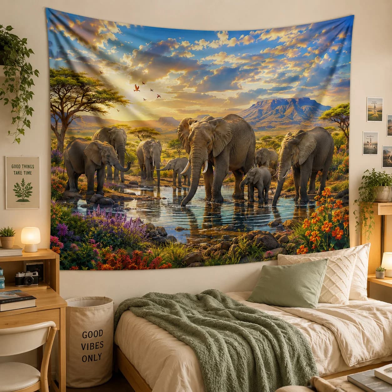 Sunset Elephant Family Tapestry Wall Hanging Large Nature Wild Animal Tapestries Boho Aesthetic Room Decor Christmas Gift