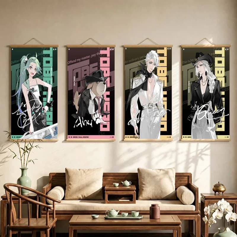 To Be Hero X Hanging Scroll with Stylized Character Portraits and Bold Geometric Color Blocks for a Modern Home Office