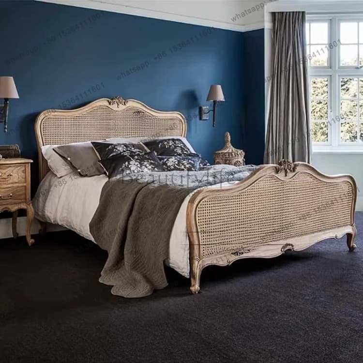 Nordic French rattan solid wood creative carved double bed American country showroom furniture