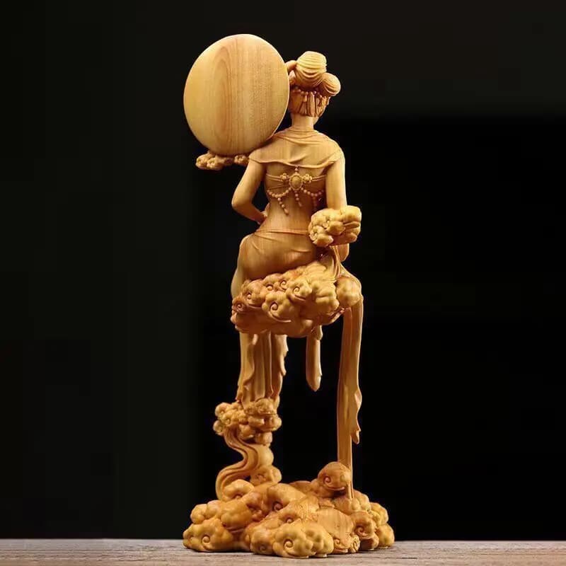 7" Chinese Boxwood Huang-yang Wood Goddess Chang's Fly Moon Statue Buddha art