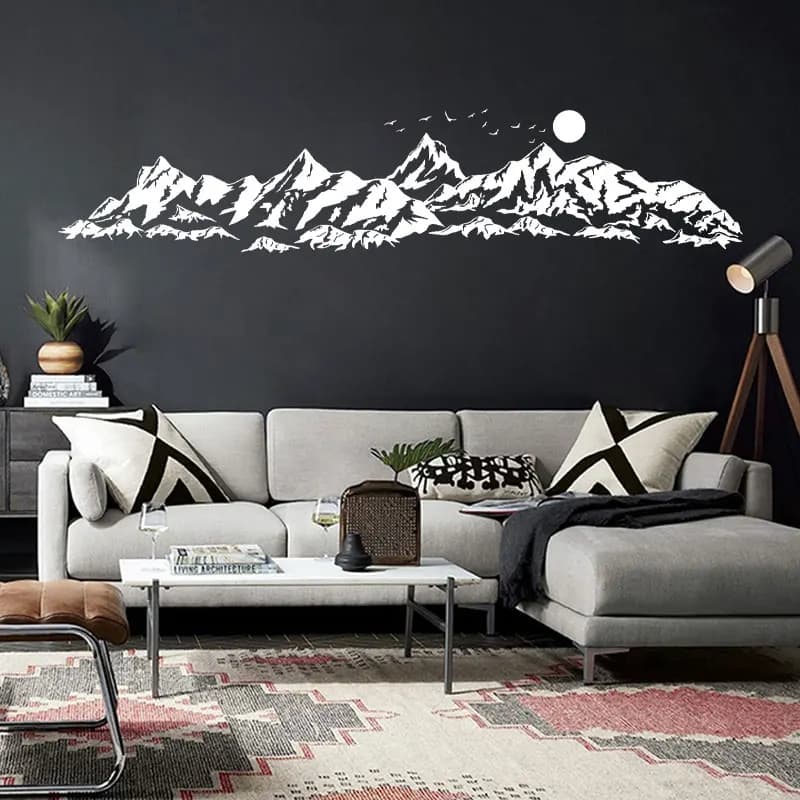 Large Mountains Wall Decal for Kids Room Nursery ,Moutains with Sun Birds Decals, Mountains Bedroom Art Removable Sticker 3C70