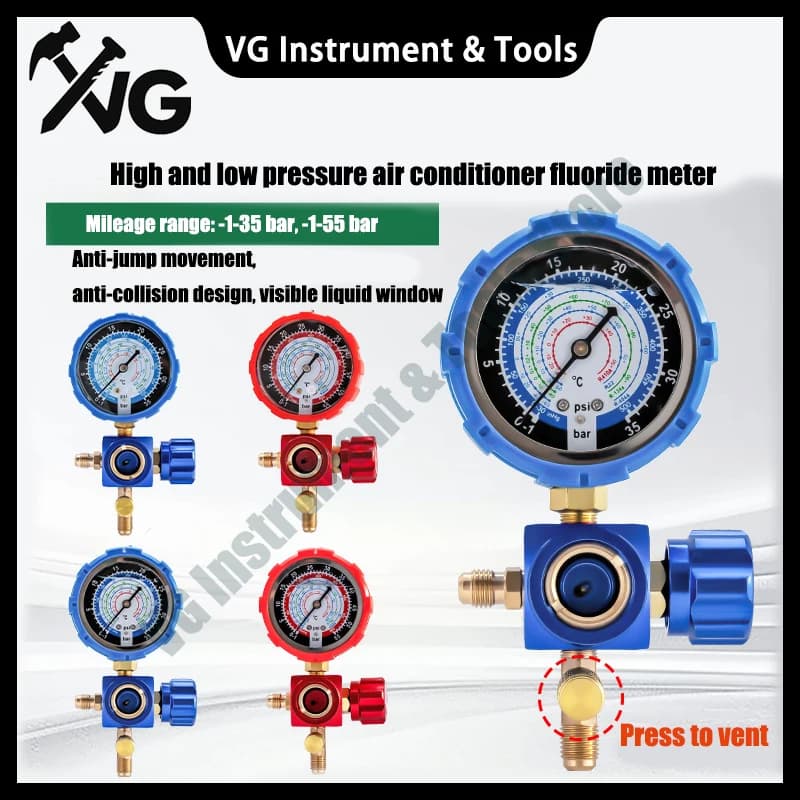Refrigerant Charging Tool for Air Conditioner High and Low Pressure Gauge for R22, R410a, R32, R134a
