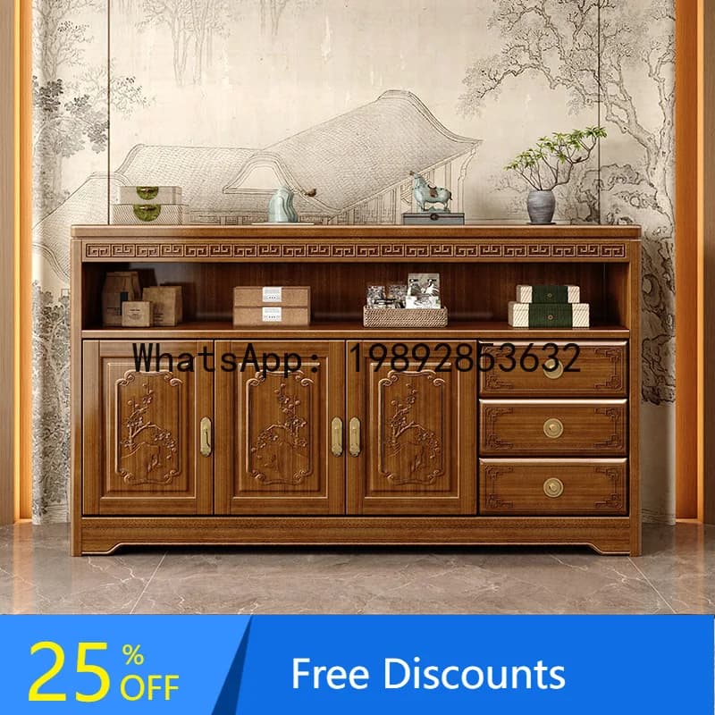 YFY New Chinese Style Sideboard Camphor Wood  Modern Living Room Solid Wood Decorative Partition Wall-Mounted Bowl Cabinet