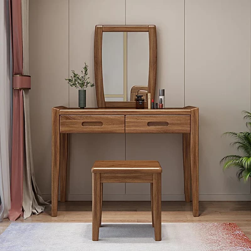 2 Drawers Walnut Solid Wood Makeup Vanity Table Set Dressing Simple Mirror Stool  Drawer Dressing Table Bedroom Wood Furniture