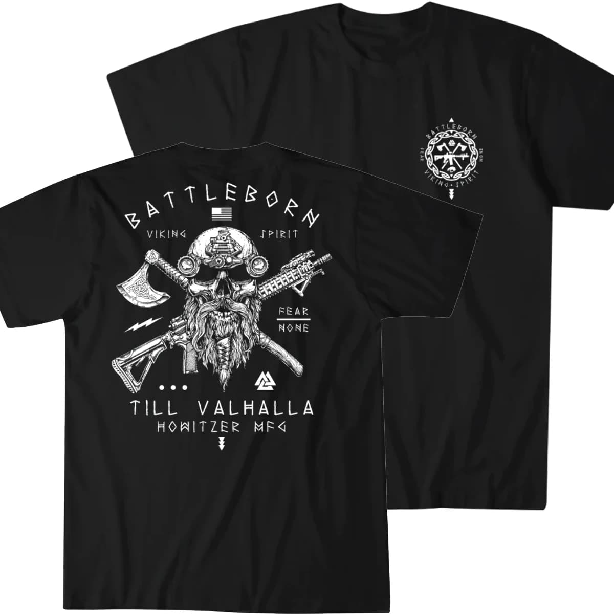 Til Valhalla. Vi king Warrior Spirit Bearded Tactical Skull Military T-Shirt 100% Cotton O-Neck Short Sleeve Casual Mens T-shirt