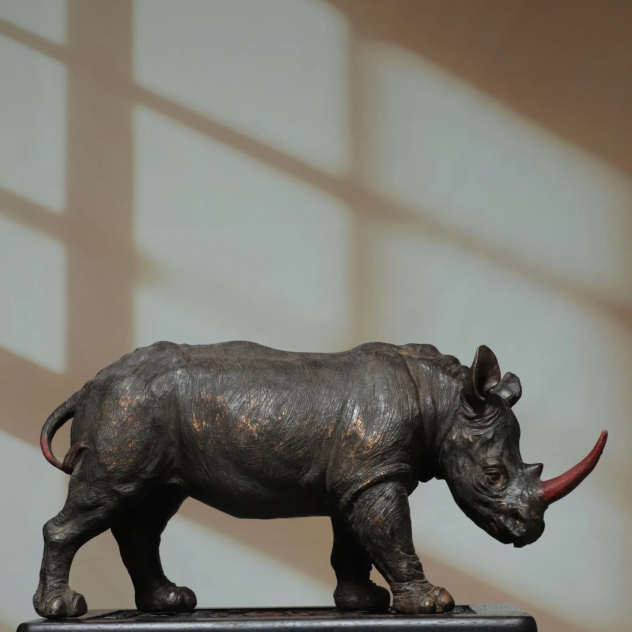 20"China Collections Old Bronze Gilded Cinnabar Rhinoceros statue War Unicorn  Study screen Amass wealth Ornaments Town house