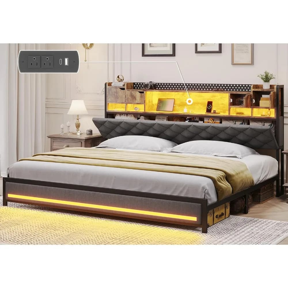 King Size Bed Frame with Upholstered Storage Headboard, King Bed Frame with Smart LED Lights, Camas King Bed with Charging