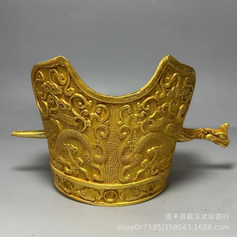 Ancient royal hair , gilded relief two dragons playing with pearls, hairpin, imperial crown, antique collectible