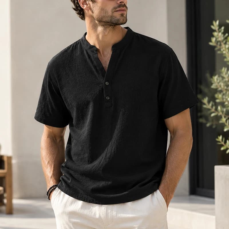 Men's Summer Linen Shirt Short Sleeve Mandarin Collar Loose Fit Textured Casual Top Lightweight Beach Vacation Wear for Men
