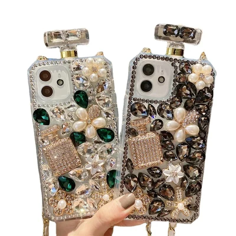 Crossbody Rhinestone Perfume Bottle Shape Phone Cover, Pearl Crystal Flowers Case, For iphone16 15, 14 Pro Max, 13, 12, 17, XR,