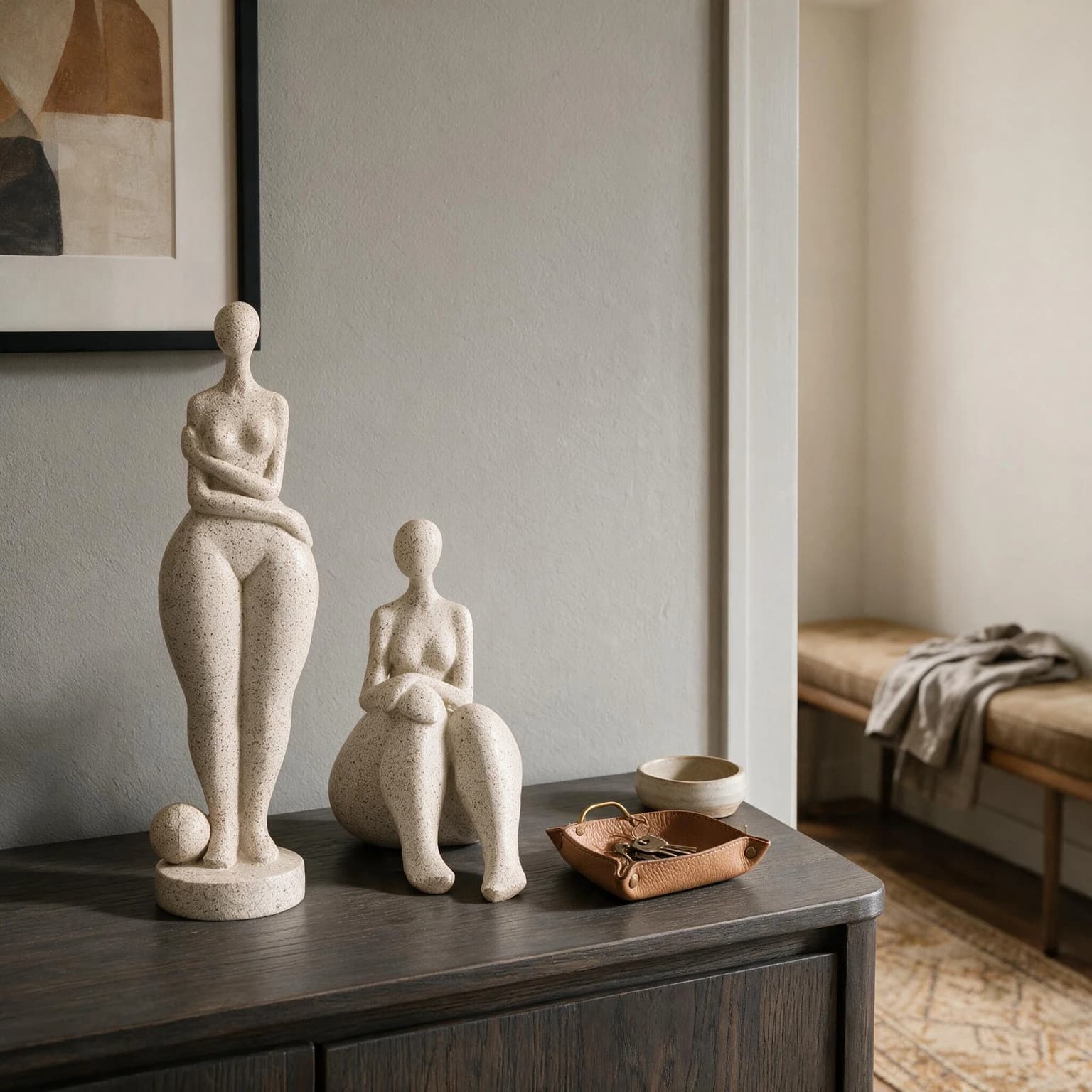 Abstract Female Figure Statue Standing or Seated Beige Textured Figurine for Living Room Bookshelf Desk Decor
