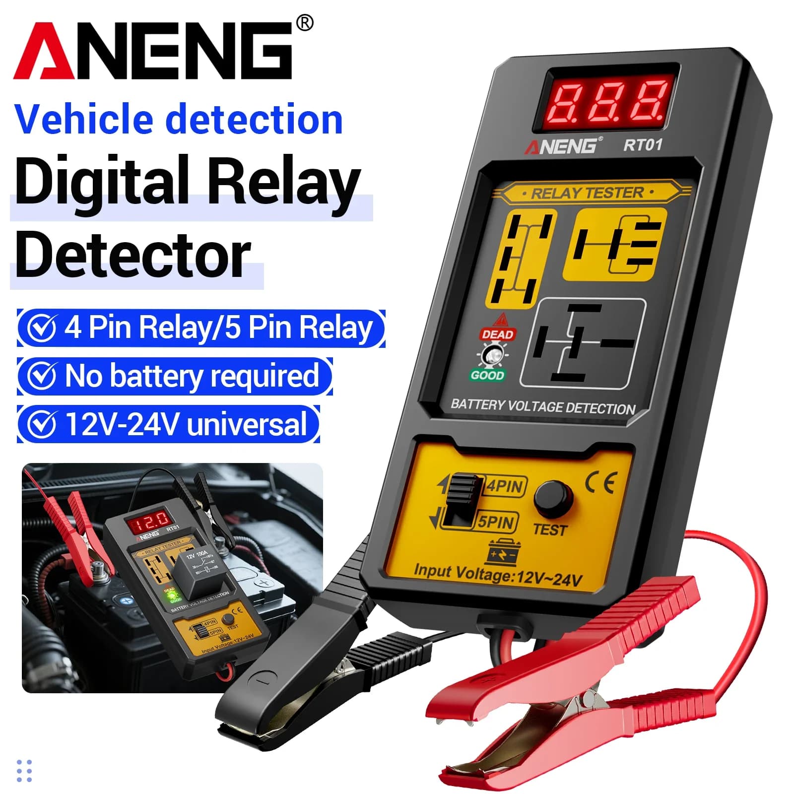 ANENG RT01 12V 24VVoltage Checker Universal 11-25V Tool LED Indicator Light Auto Repair Tool for VehicleAutomotive Relay Tester