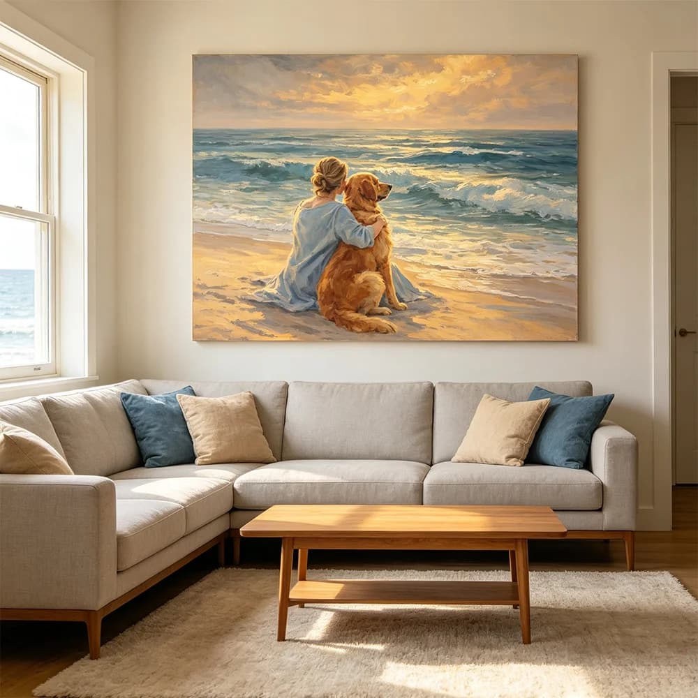 1pc Canvas Painting Seaside Beach Girl and Dog Canvas Poster Art Canvas Painting Print Wall Art Picture for Living Room Decor
