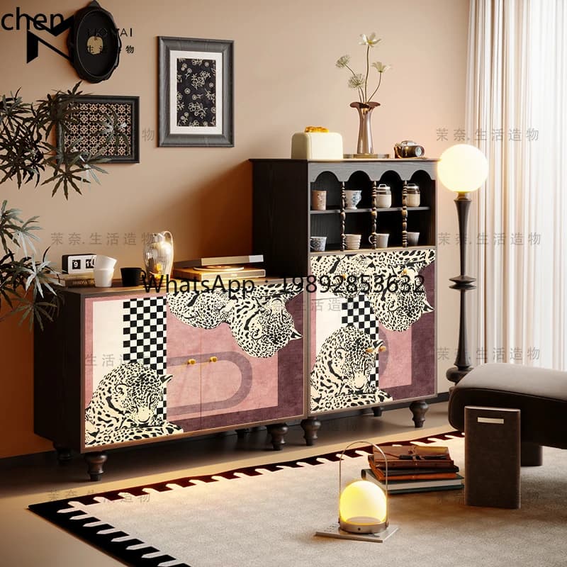 Retro Leopard Sideboard Tea Cabinet Solid Wood Storage Integrated Living Room Sofa Side Leisure Coffee Cabinet