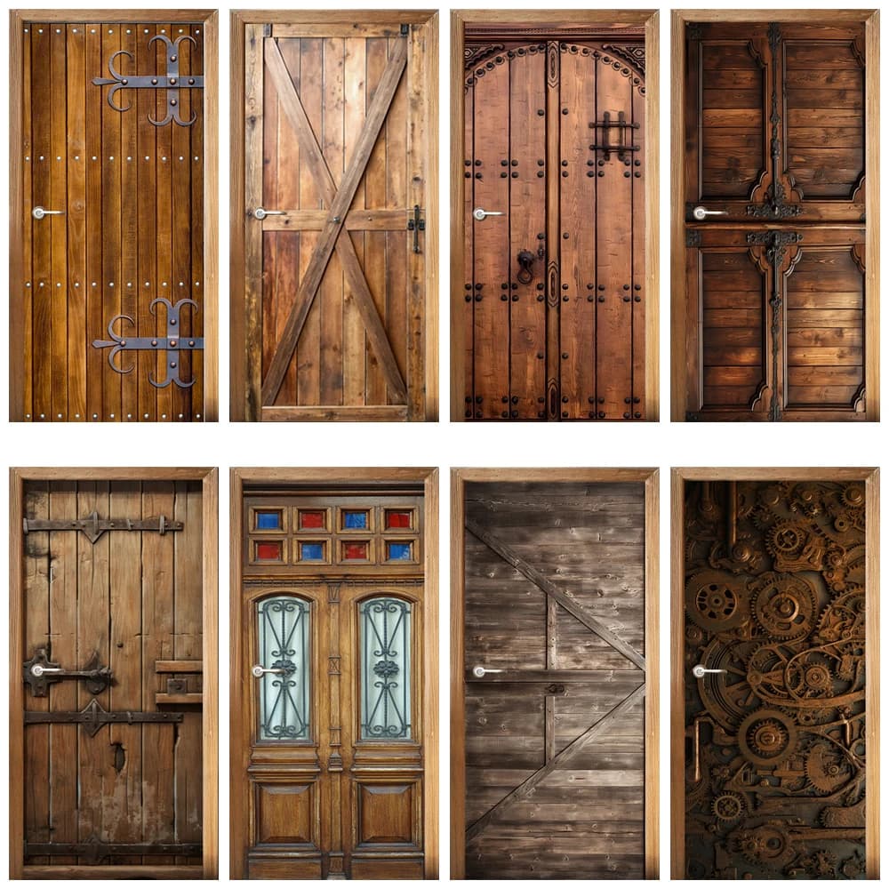 3D Vintage Wood Grain Door Stickers Peel and Stick Vinyl Customized Size Retro Wooden Full Door Wrap Cover Decals Poster