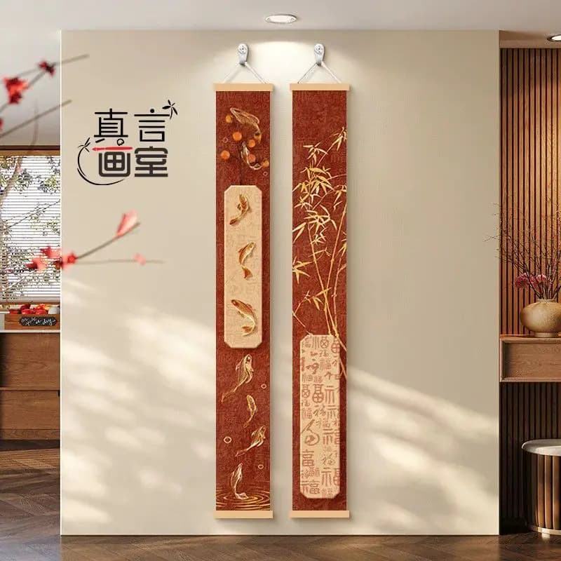 Chinese New Year Wall Art Scroll Red Lucky 9 Fish Feng Shui Painting Peace and joy for Entrance Doorway Aesthetic Room Decor