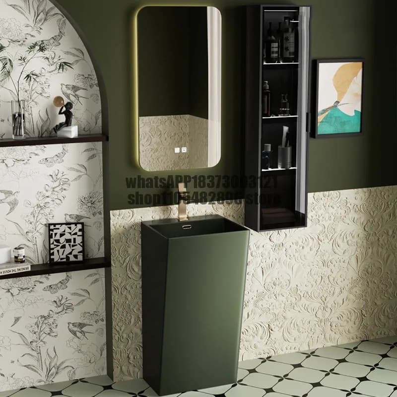French retro green column basin small apartment bathroom household ceramic washbasin floor-to-ceiling color washbasin