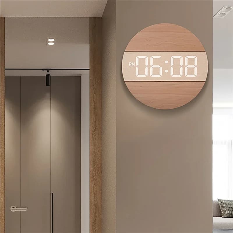 Living Room Round LED Wall Clock Imitation Wood Grain Cotton Hemp Digital Clock Minimalism Wall Mounted Alarm Clock Watch
