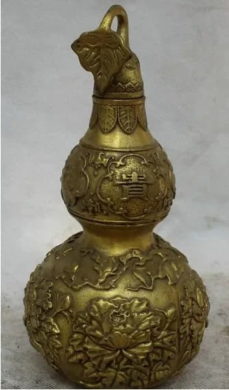 9" China Chinese Brass Feng Shui Folk Fu flower Calabash Cucurbit Bottle Gourd