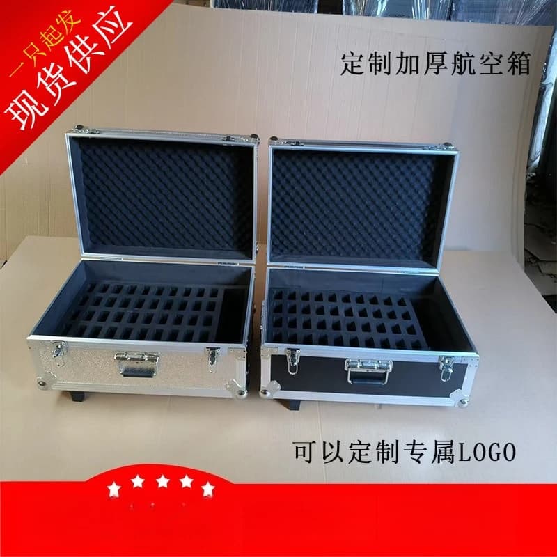 Custom 50-hole walkie-talkie trolley case, custom aluminum alloy trolley case, black and silver aviation trolley case