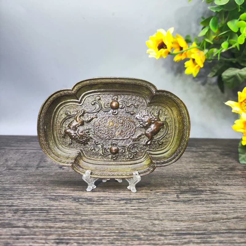 Antique collection, vintage -plated copper pen washer, lion with embroidered ball, Tibetan silver plate, ashtray, h
