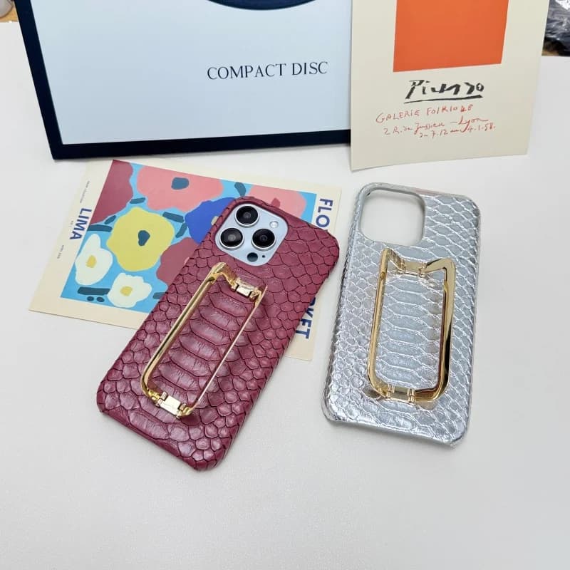 Snake Skin Metal Holder Leather Phone Case For iPhone18Pro Air 17Pro 16Pro 15Plus 14/13 12 11 Xs XR Body Skinny Shell Protection