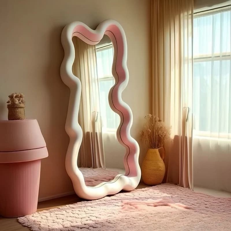 Irregular solid wood wave floor mirror, makeup mirror, high-sensitivity home use for women