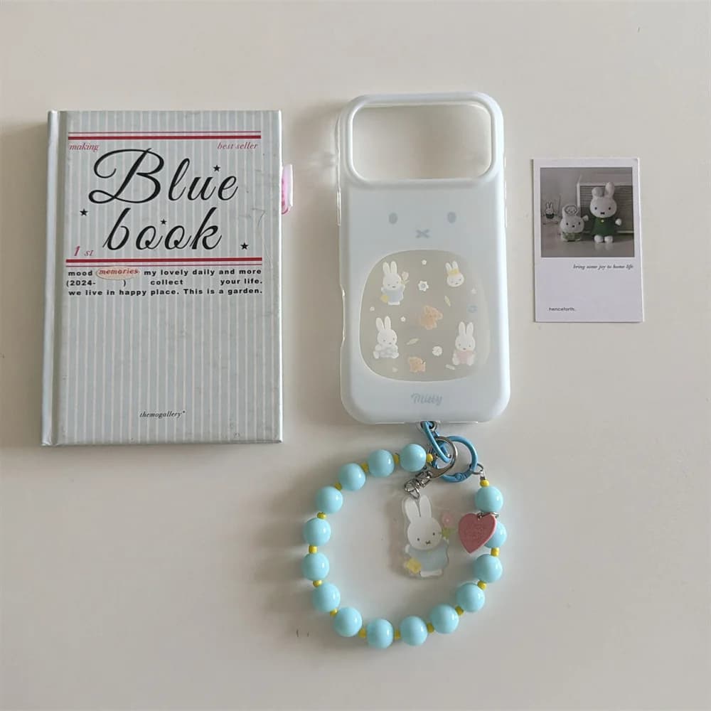Light Blue Cute Miffy Rabbit Phone Case For iPhone 15 16 17 18 Pro Max Cartoon Bunny Beaded Shockproof Flip Cover For Girls iPho
