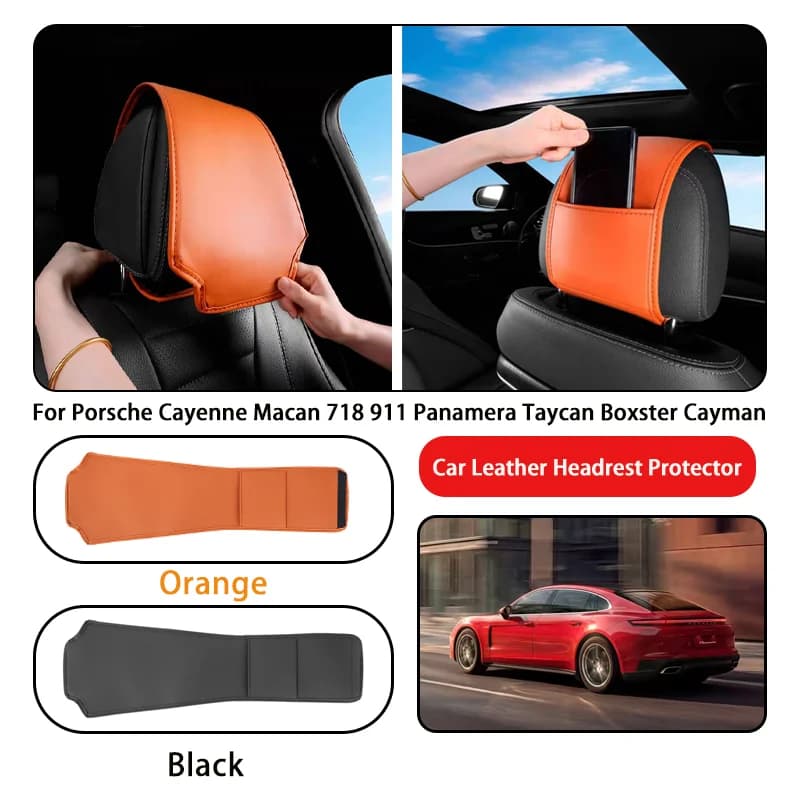Leather Car Headrest Cover Anti-dirty and Wear-resistant For Porsche Cayenne Macan 718 911 Panamera Taycan Boxster Cayman