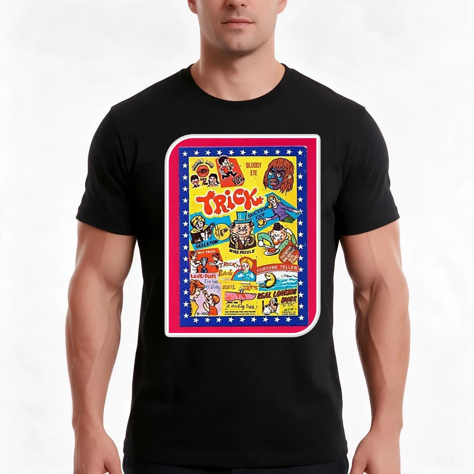 Toy Gum Card T-Shirt, Summer Casual Cotton Tee, Oversized Streetwear Tops, Vintage Graphic Print, Loose Fit Short Sleeve